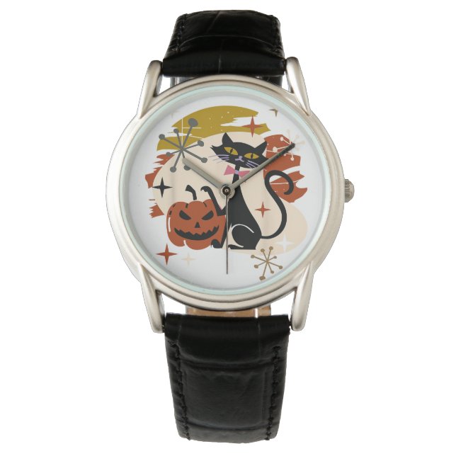Black Cat and Pumpkin Atomic Retro Halloween Watch (Front)