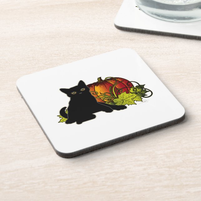 Black Cat and Pumpkin Beverage Coaster (Left Side)