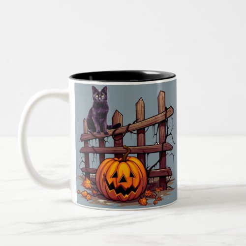 Black Cat and Pumpkin Creepy Spooky Fun Halloween Two_Tone Coffee Mug