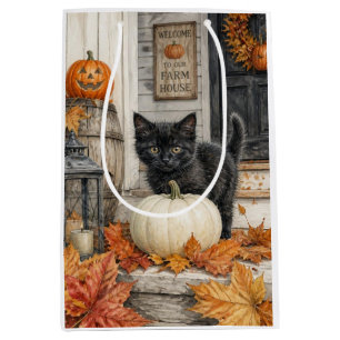 Black Cat and Pumpkin Farmhouse Halloween Medium Gift Bag