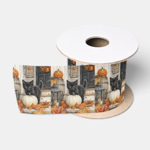 Black Cat and Pumpkin Farmhouse Halloween Satin Ribbon