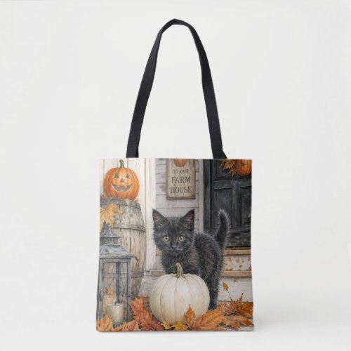 Black Cat and Pumpkin Farmhouse Halloween Tote Bag