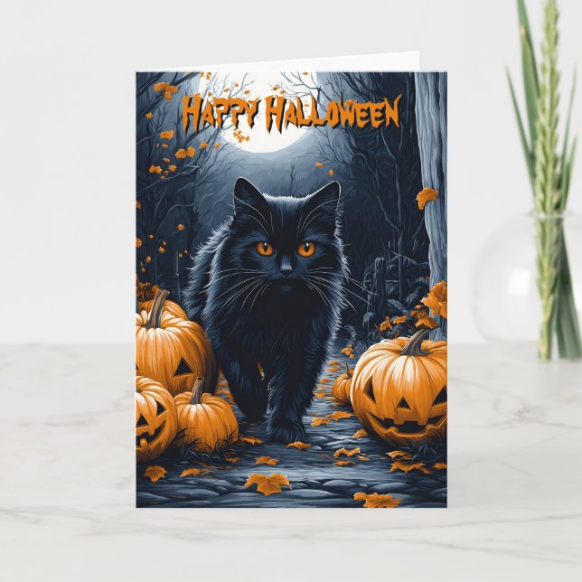 Black Cat And Pumpkin Forest Halloween Card (Front)