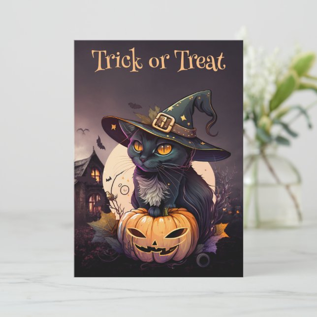 Black Cat and Pumpkin Halloween Party Invitation (Standing Front)