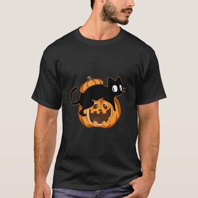 Black Cat And Pumpkin Halloween T-Shirt (Front)