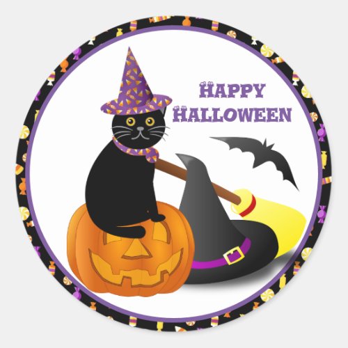 Black Cat and Pumpkin Happy Halloween Classic Round Sticker