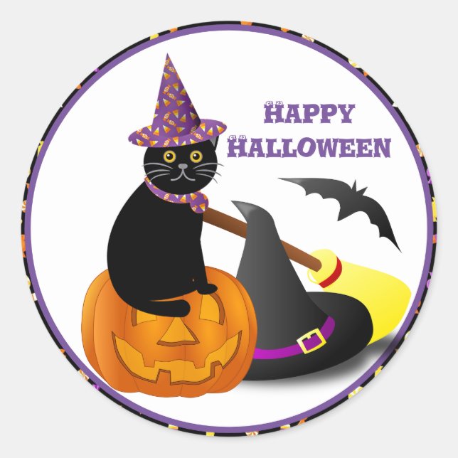 Black Cat and Pumpkin Happy Halloween Classic Round Sticker (Front)