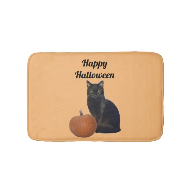 Black Cat and Pumpkin Happy Halloween Orange Bath Mat (Front)