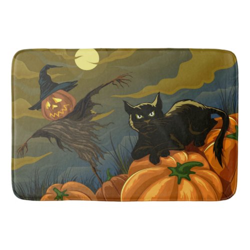 Black cat and pumpkin scarecrow bath mat