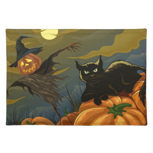 Black cat and pumpkin scarecrow cloth placemat