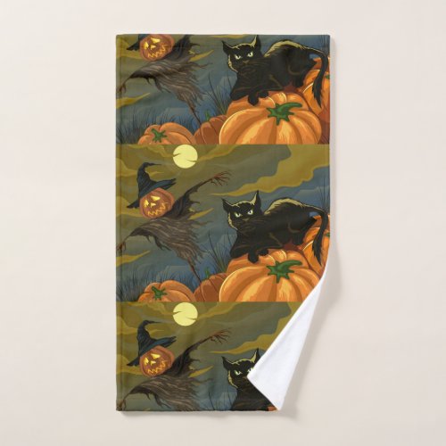 Black cat and pumpkin scarecrow hand towel 