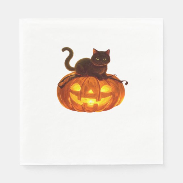 Black Cat and Pumpkin – Spooky Halloween Magic Cla Napkins (Front)