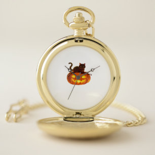 Black Cat and Pumpkin – Spooky Halloween Magic Cla Pocket Watch