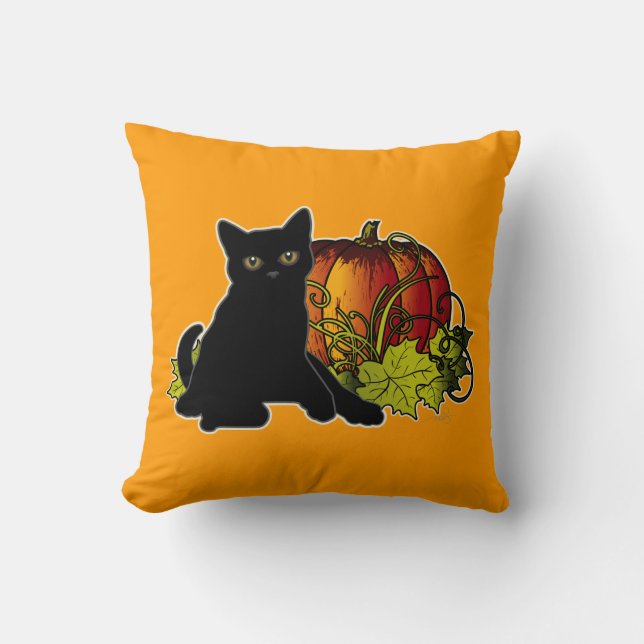 Black Cat and Pumpkin Throw Pillow (Front)