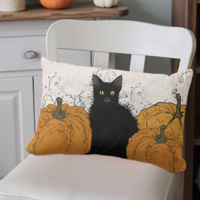 Black Cat and Pumpkins Fall Lumbar Pillow (Black cat and pumpkins throw pillow)