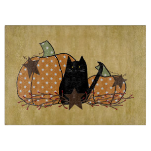 Black Cat And Pumpkins Glass Cutting Board
