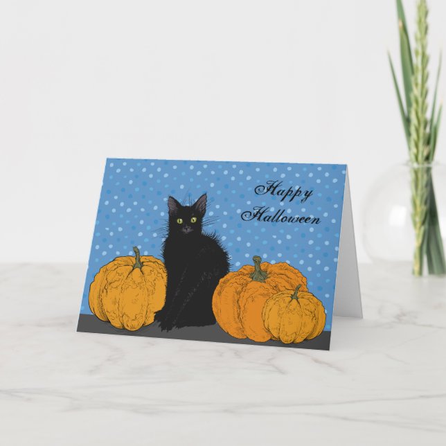 Black Cat and Pumpkins Halloween Card (Front)