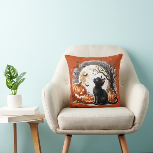 Black Cat and Pumpkins Halloween Throw Pillow