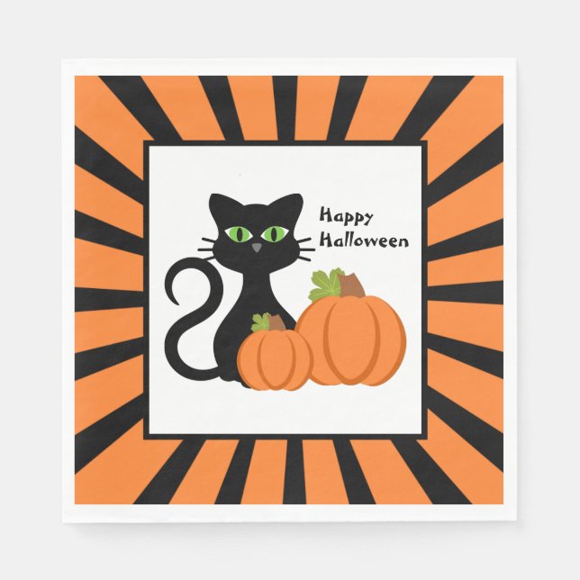 Black Cat and Pumpkins Happy Halloween Napkins (Front)