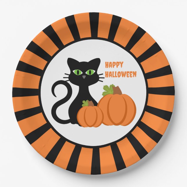 Black Cat and Pumpkins Happy Halloween Paper Plate (Front)