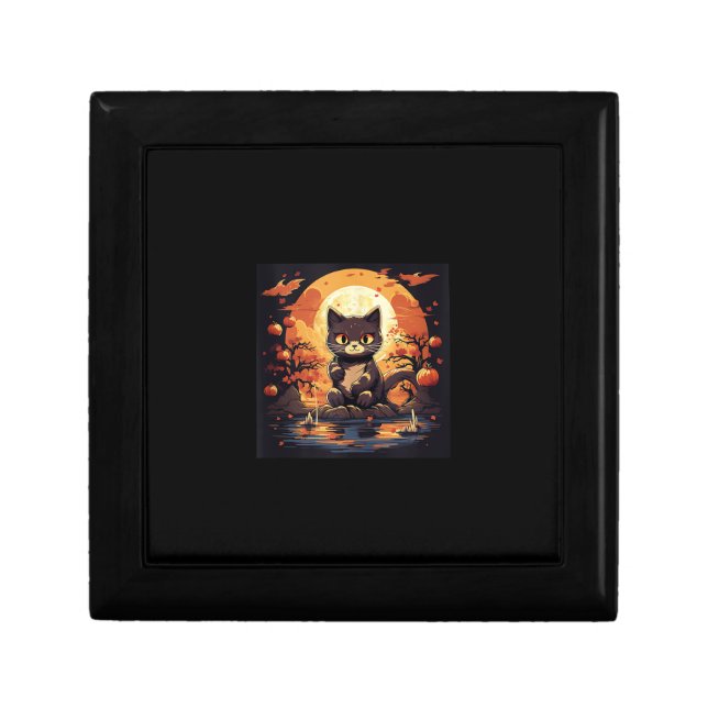 Black Cat and Pumpkins in Sakura Great Wave  Gift Box (Front)