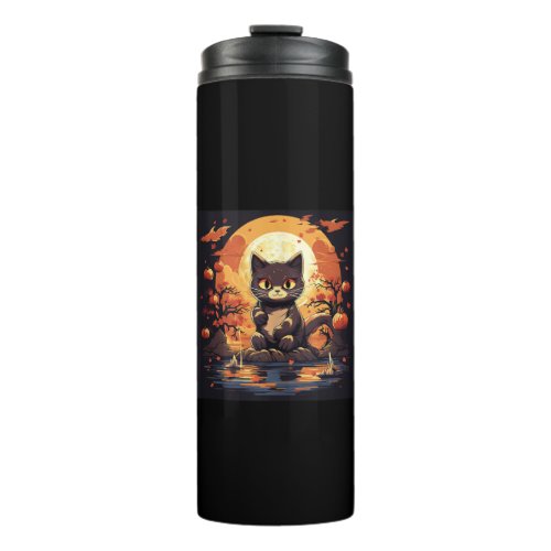 Black Cat and Pumpkins in Sakura Great Wave  Thermal Tumbler