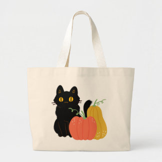 Black cat and Pumpkins Large Tote Bag