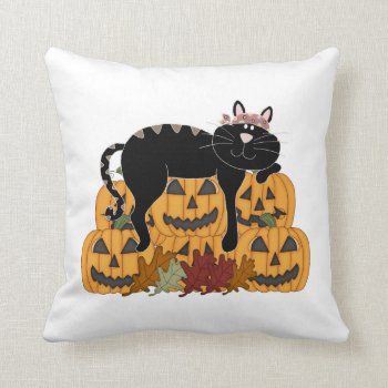 Black Cat And Pumpkins Throw Pillow by bonfirecats at Zazzle