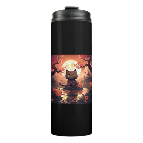 Black Cat and Pumpkins with Sakura Great Wave  Thermal Tumbler