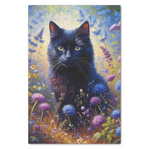 Black Cat and Purple Wildflowers Decoupage Tissue Paper