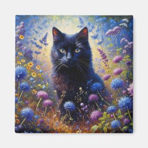 Black Cat and Purple Wildflowers Oil Painting Magnet