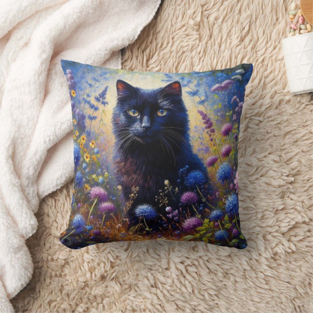 Black Cat and Purple Wildflowers Oil Painting Throw Pillow (Blanket)