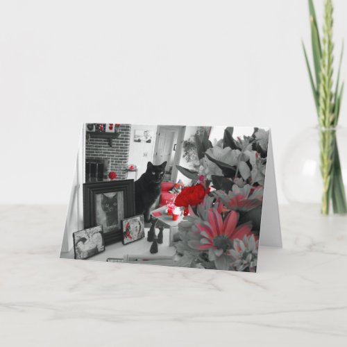 Black Cat and Red Flowers Mothers Day Card