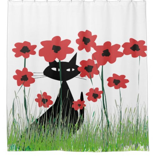 Black Cat and Red Poppies Shower Curtain