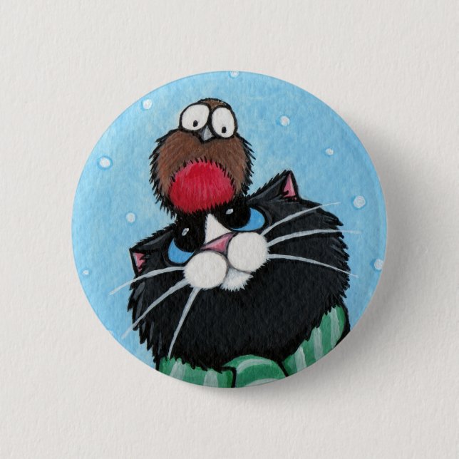 Black Cat and Robin - Xmas Cat Art Button (Front)