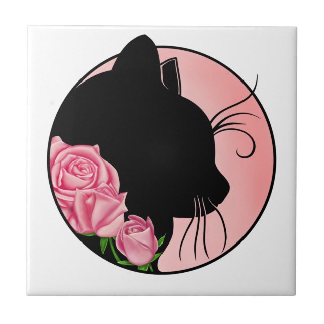 Black cat and roses ceramic tile (Front)