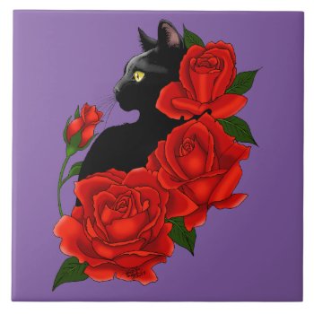 Black Cat And Roses Ceramic Tile by tigressdragon at Zazzle