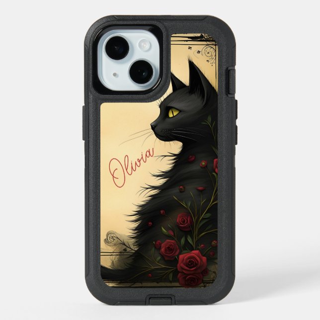 Black Cat and Roses iPhone 15 Case (Back)