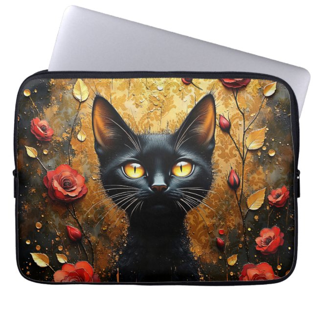 Black Cat and Roses Laptop Sleeve (Front)