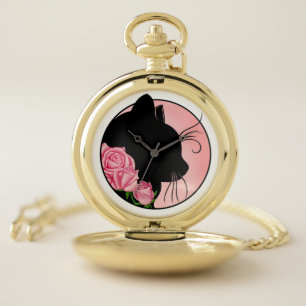 Black cat and roses pocket watch