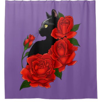 Black Cat And Roses Shower Curtain by tigressdragon at Zazzle