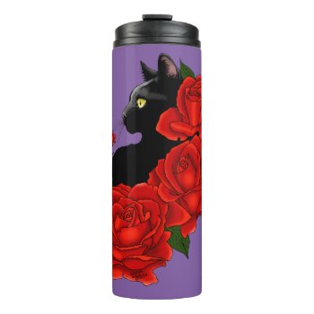 Black Cat And Roses Thermal Tumbler by tigressdragon at Zazzle