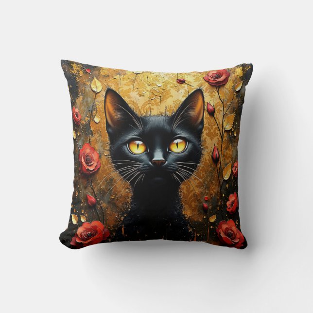 Black Cat and Roses Throw Pillow (Front)