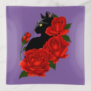 Black Cat And Roses Trinket Tray by tigressdragon at Zazzle
