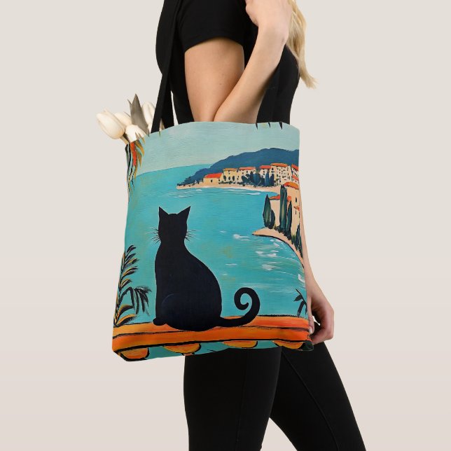 Black Cat and Sea Tote Bag (Close Up)