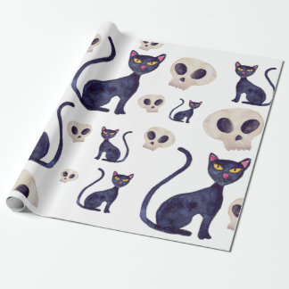 Black Cat And Skull Halloween Design Wrapping Paper