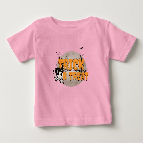 Black Cat and Skull Trick or Treat Halloween Baby T_Shirt