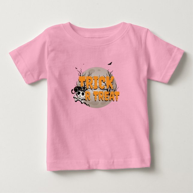 Black Cat and Skull Trick or Treat Halloween Baby T-Shirt (Front)