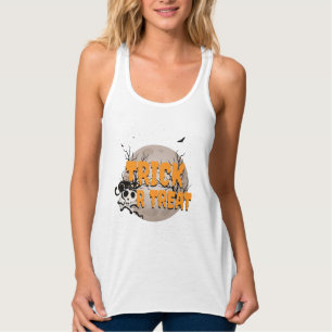 Black Cat and Skull Trick or Treat Halloween Tank Top