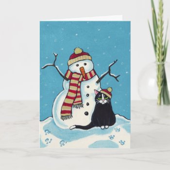 Black Cat And Snowman Christmas Card by LisaMarieArt at Zazzle